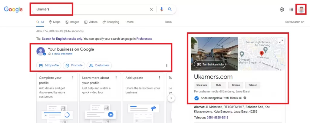 mencari halaman google business profile
