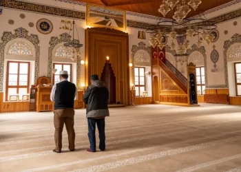 dua orang sedang melaksanakan shalat berjamaah di masjid