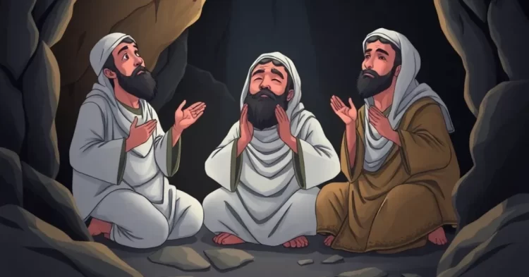 tiga orang sedang berdoa di dalam gua