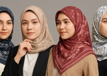wanita memakai kerudung printing