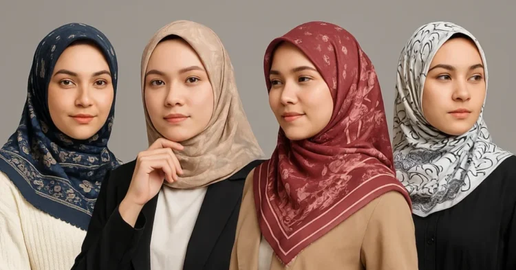 wanita memakai kerudung printing