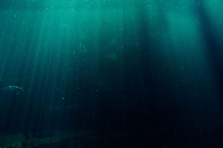 Pemandangan laut dalam yang gelap dengan cahaya menembus air, ilustrasi kisah Nabi Yunus di dalam perut ikan